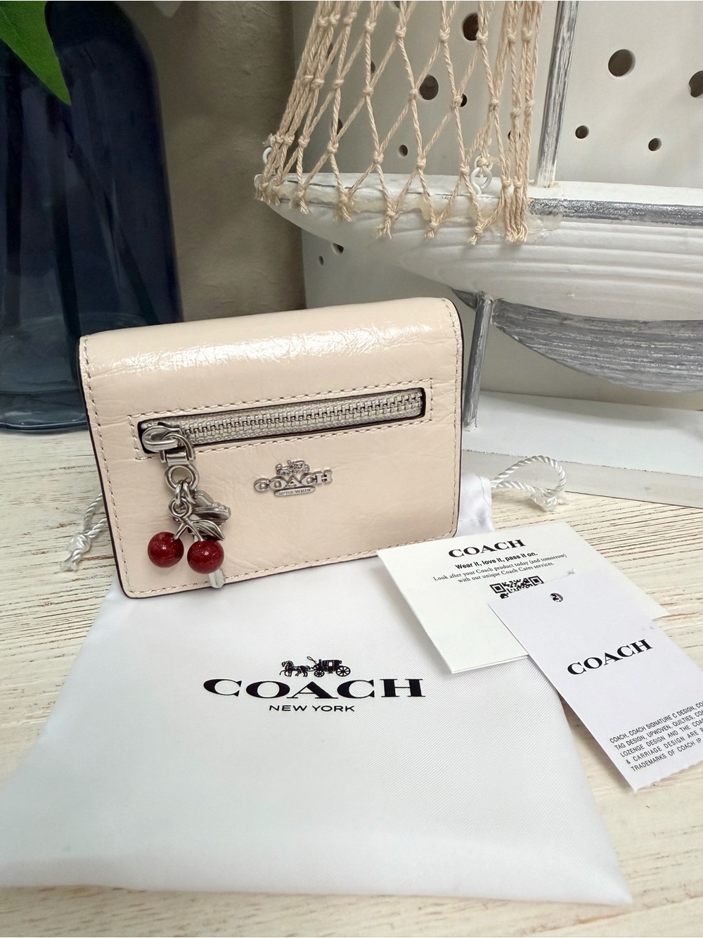 Coach Pink off White Leather Card Holder with Red Cherry and Key Charm